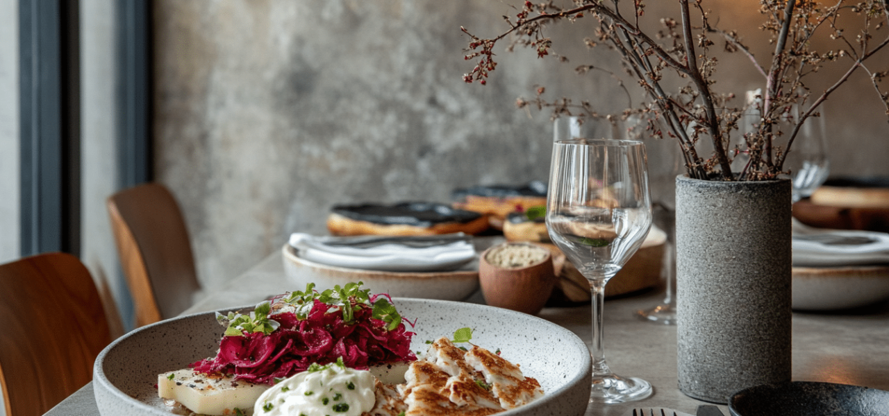 Ein Teller mit gegrilltem Hähnchen, gerösteten Rüben und cremiger Soße steht auf einem Restauranttisch und verführt die Hungrigen. Ein Glas Weißwein und eine Vase mit trockenen Zweigen stehen daneben. Der Hintergrund zeigt eine moderne, rustikale Kulisse, die großartiges Kochen zelebriert.